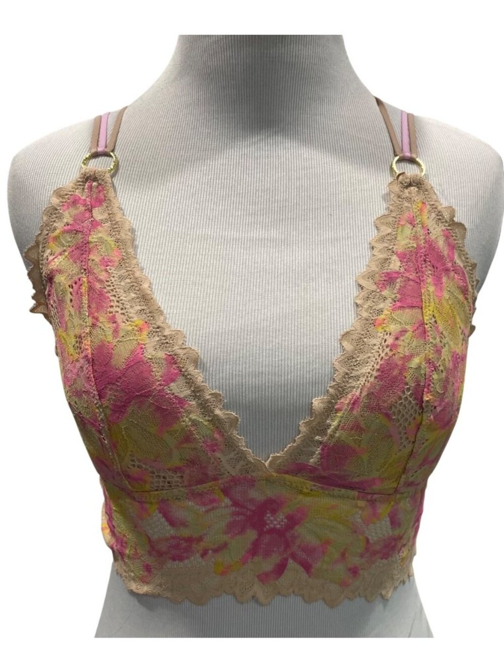 Aerie Real Good Floral Lace Bralette M Beige Pink Feminine Coquette Romantic